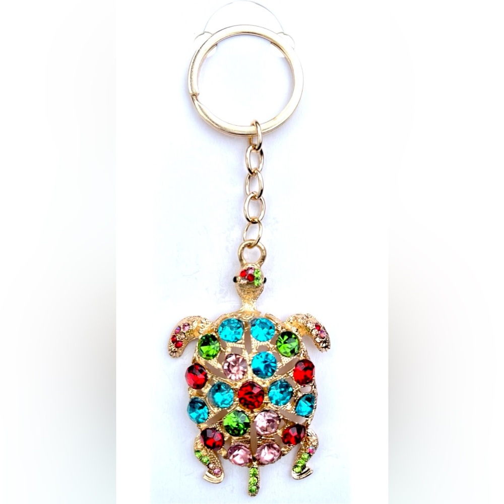 Gold Tone Keychain Bag Charm With Gold Tone Turtle & Multicolored Rhinestones
